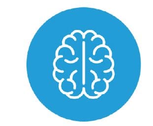 White brain icon on a blue circular background.